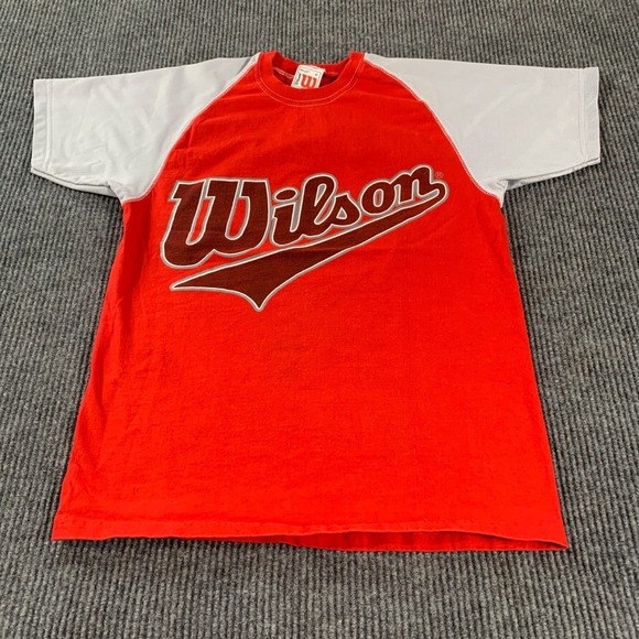 VTG Wilson T Shirt Mens Medium M Red Colorblock Spell Out Script Baseball Retro - Picture 1 of 13